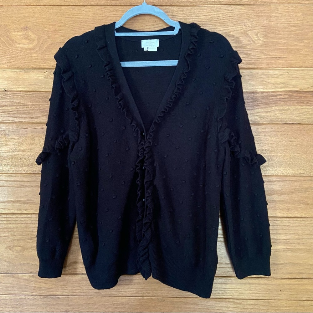 Kate Spade black ruffle dot wool blend cardigan sweater